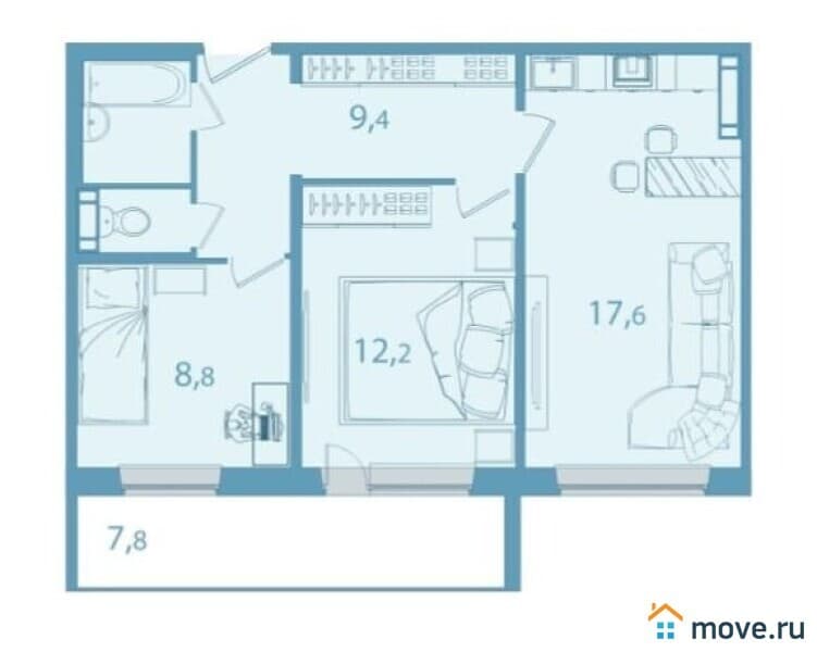 2-комн. квартира, 62.2 м²