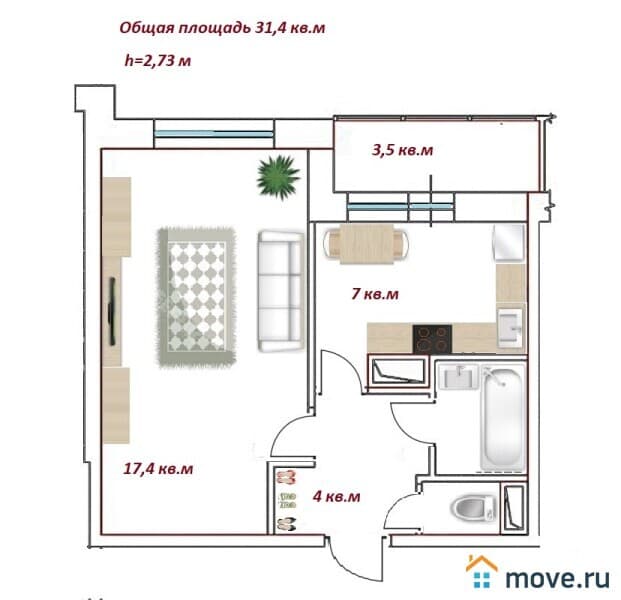 1-комн. квартира, 31.4 м²