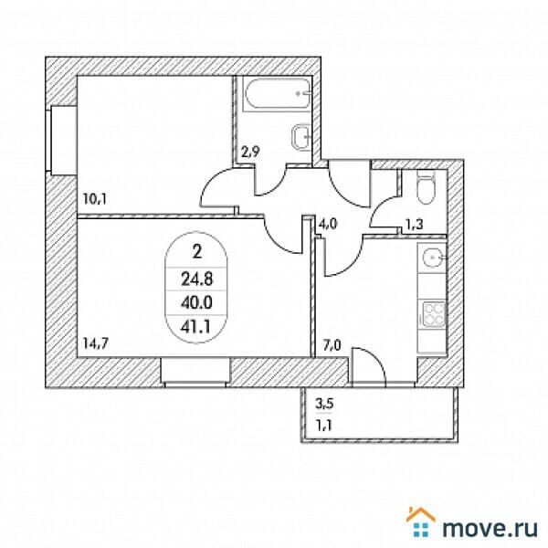 2-комн. квартира, 41 м²