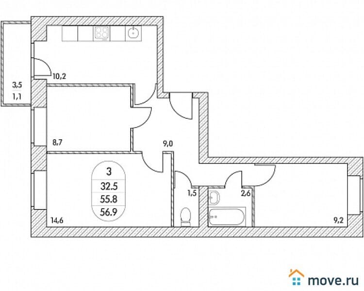 3-комн. квартира, 56 м²