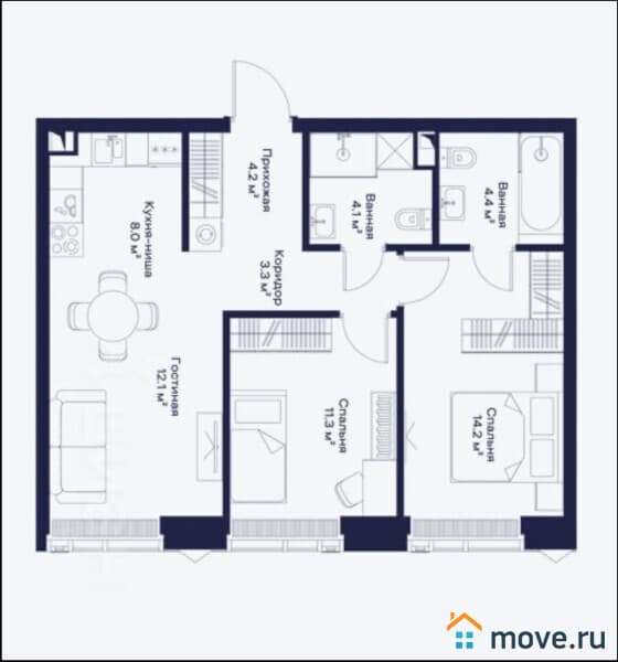 3-комн. квартира, 61.5 м²