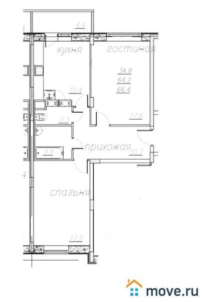 2-комн. квартира, 64.2 м²