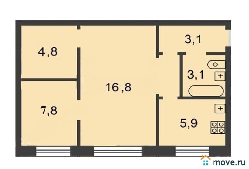 2-комн. квартира, 44 м²