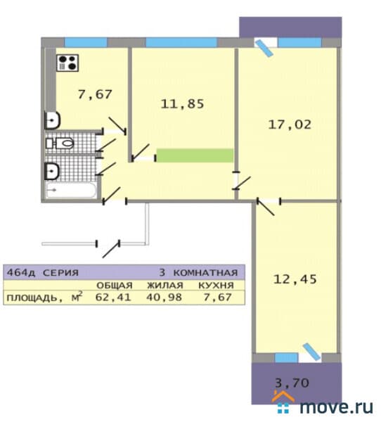 3-комн. квартира, 61.9 м²