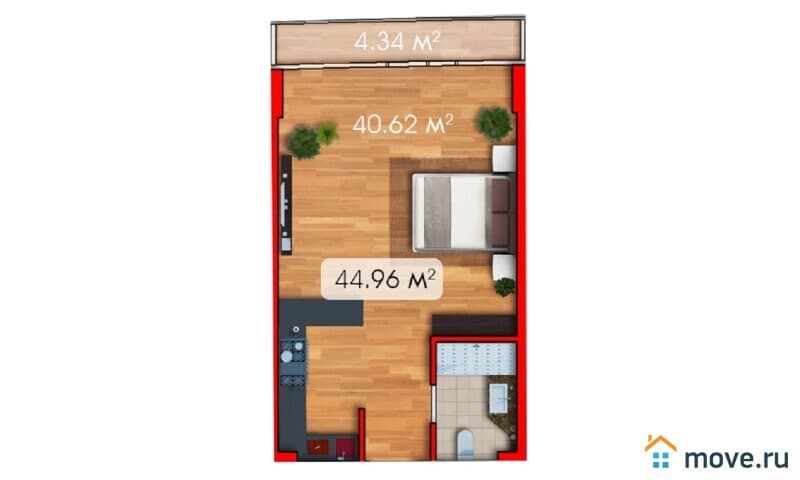 1-комн. квартира, 45.2 м²