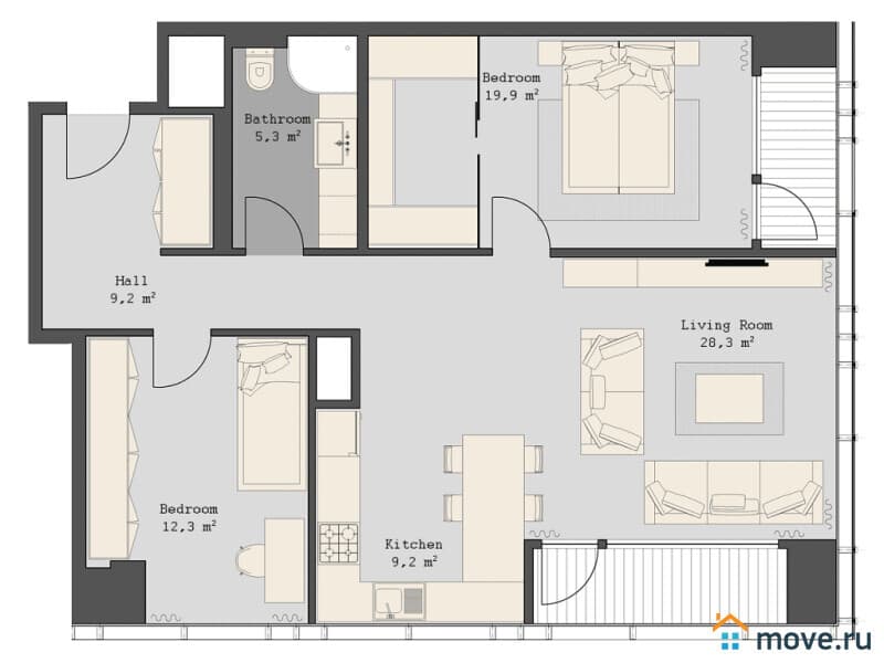 3-комн. квартира, 87.2 м²