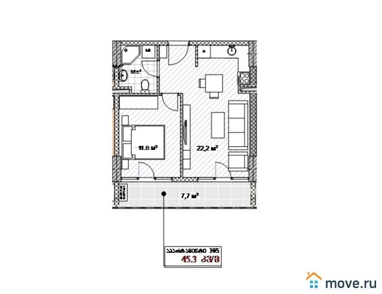 2-комн. квартира, 45.3 м²