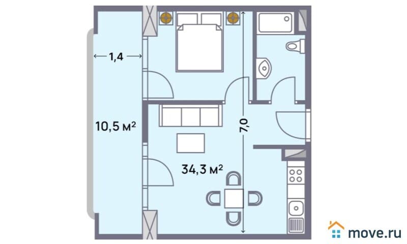 2-комн. квартира, 44.8 м²