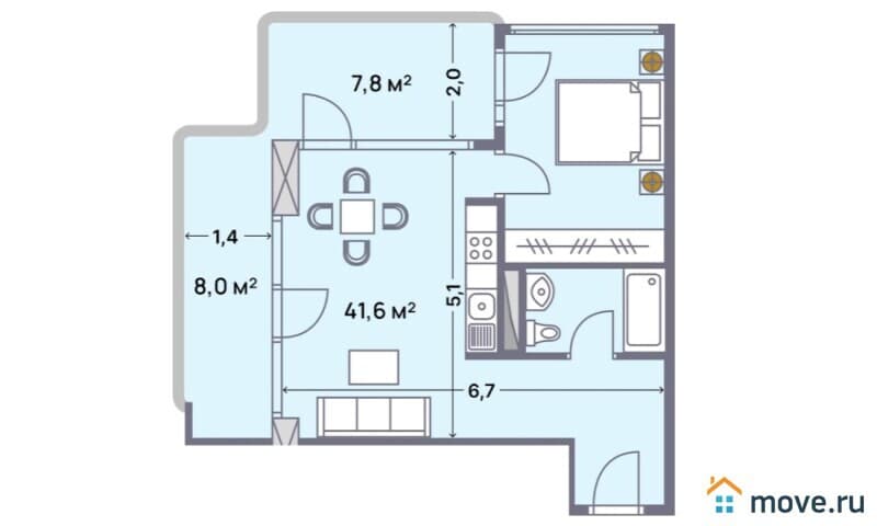 2-комн. квартира, 57.4 м²