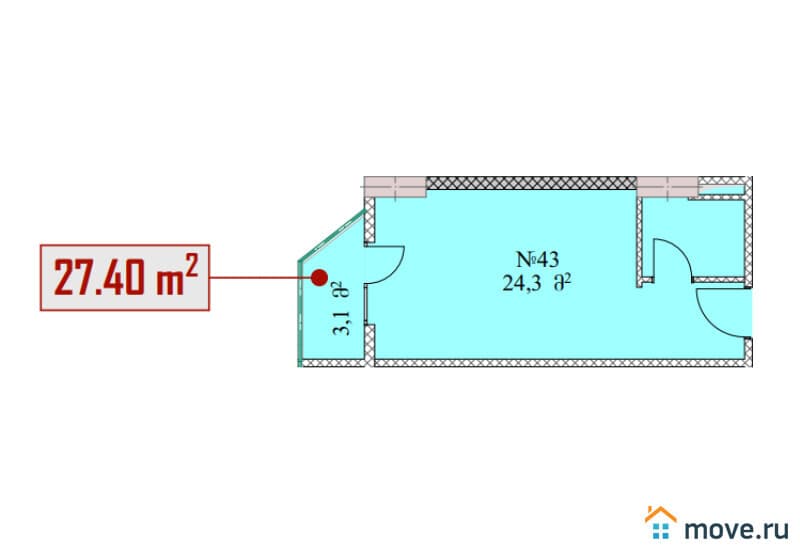 1-комн. квартира, 27.4 м²