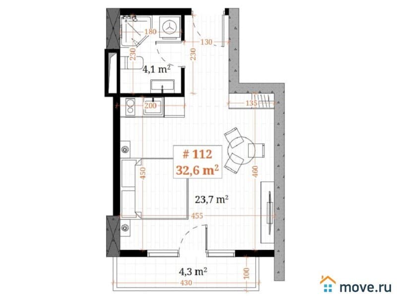 1-комн. квартира, 32.6 м²