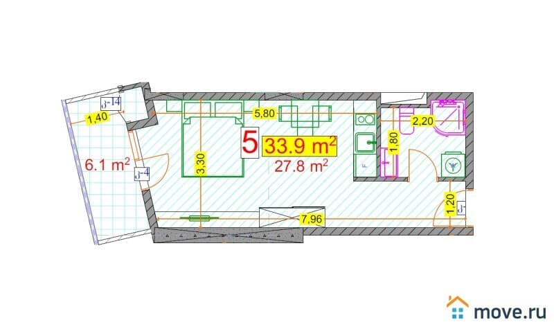 1-комн. квартира, 33.4 м²