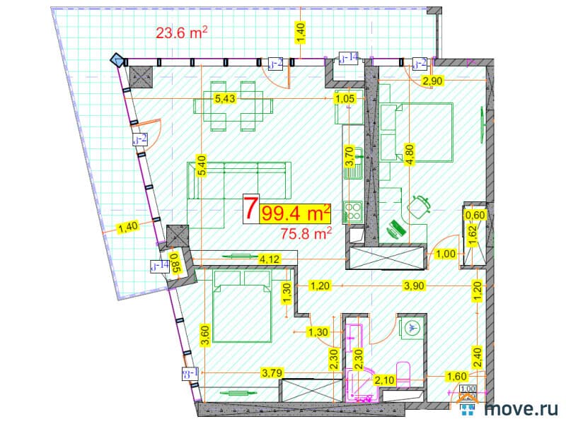 3-комн. квартира, 99.4 м²