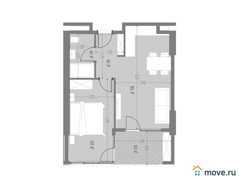 2-комн. квартира, 49.6 м²