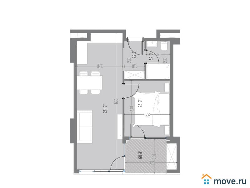 2-комн. квартира, 44.8 м²