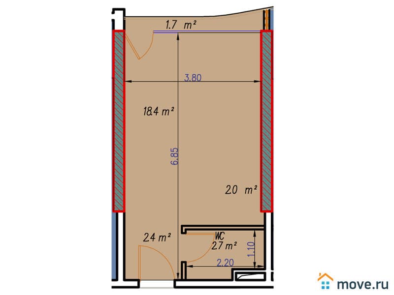 1-комн. квартира, 27.9 м²