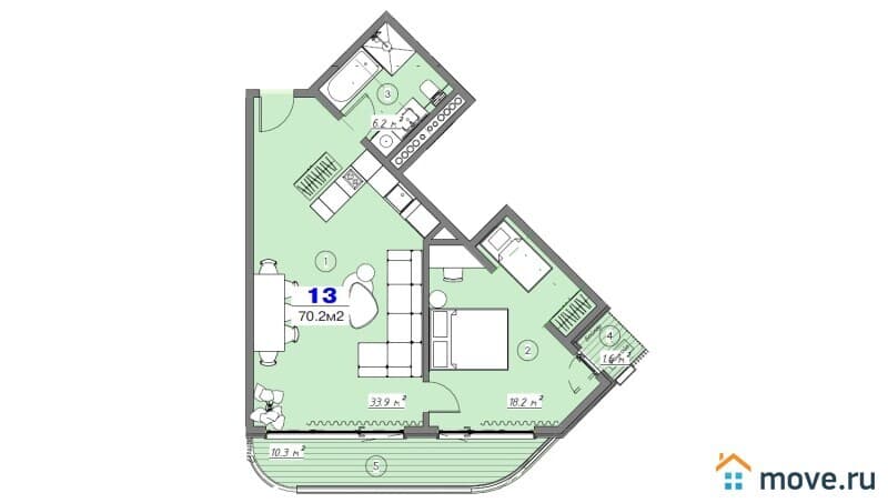 2-комн. квартира, 70.2 м²