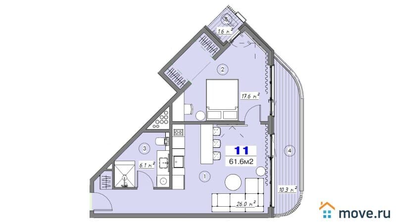 2-комн. квартира, 61.7 м²