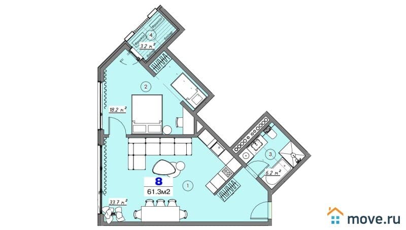 2-комн. квартира, 61.3 м²