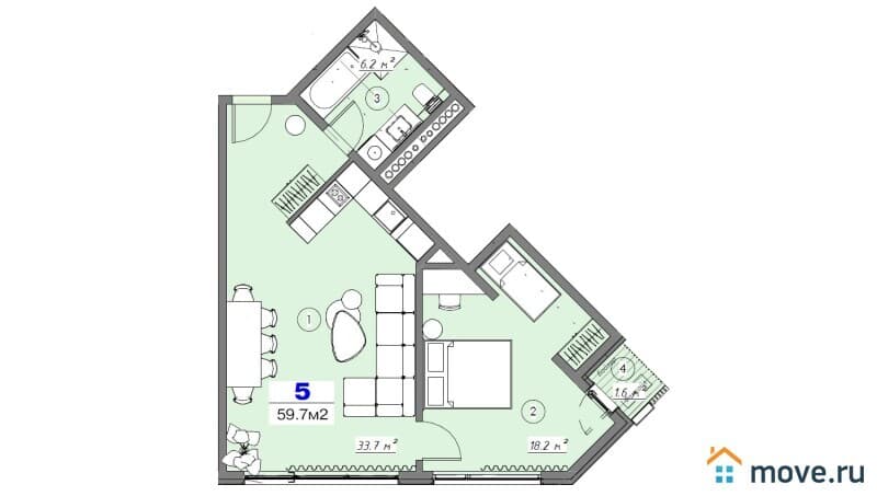 2-комн. квартира, 59.7 м²