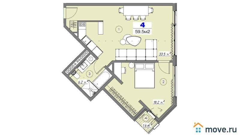 2-комн. квартира, 59.5 м²