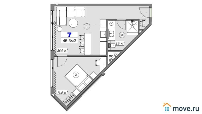 2-комн. квартира, 46.3 м²