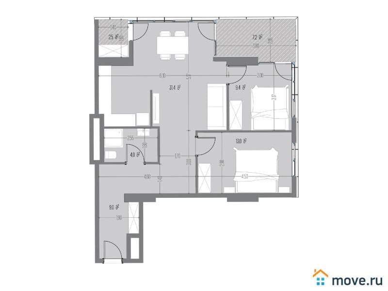 3-комн. квартира, 79.2 м²