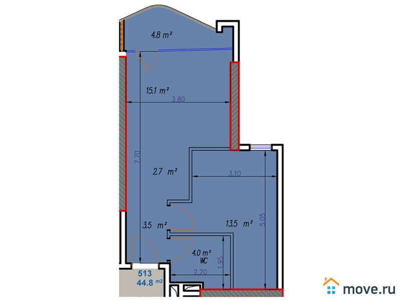 2-комн. квартира, 44.8 м²