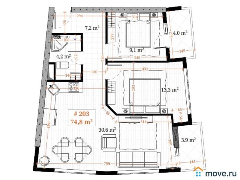 3-комн. квартира, 74.8 м²