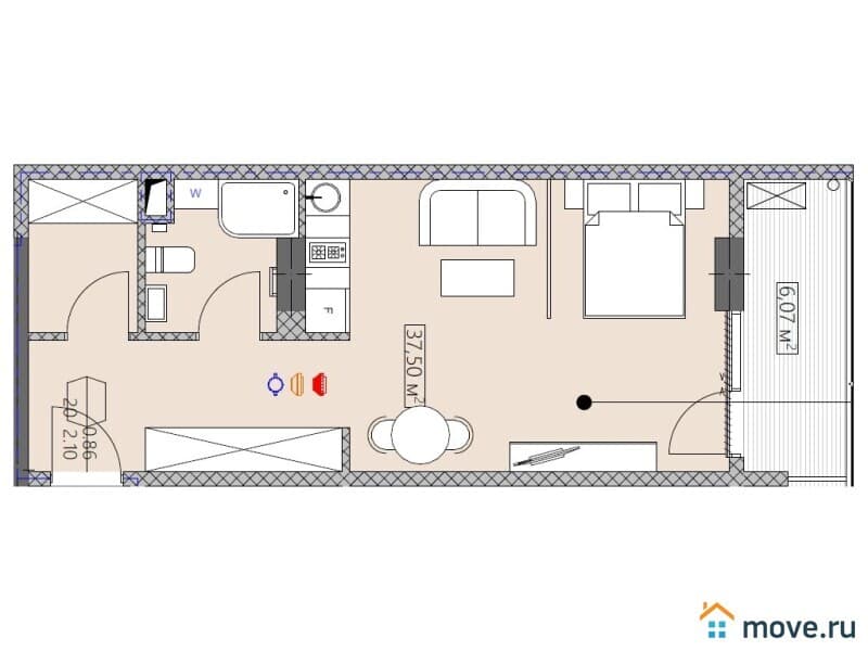 1-комн. квартира, 43.6 м²