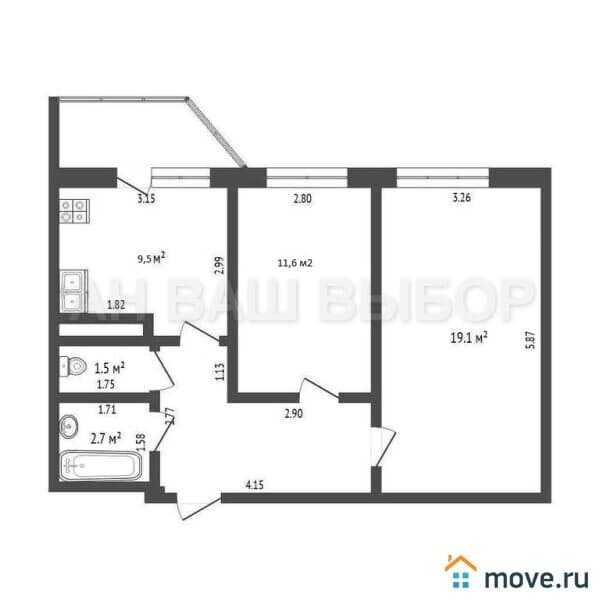 2-комн. квартира, 51.5 м²