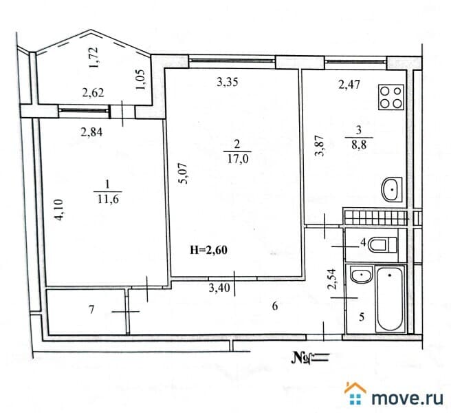 2-комн. квартира, 50.9 м²