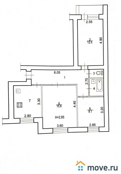 3-комн. квартира, 60.7 м²