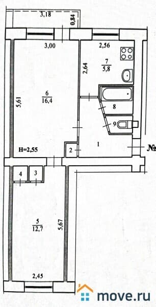 2-комн. квартира, 43.8 м²