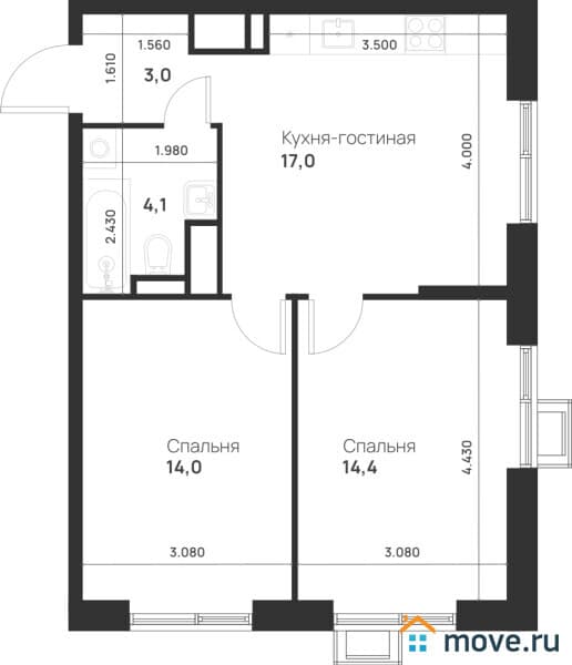 2-комн. квартира, 52.5 м&sup2;