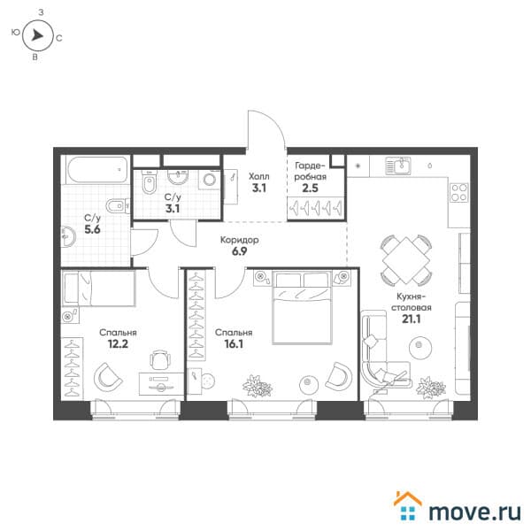 2-комн. квартира, 77.1 м&sup2;