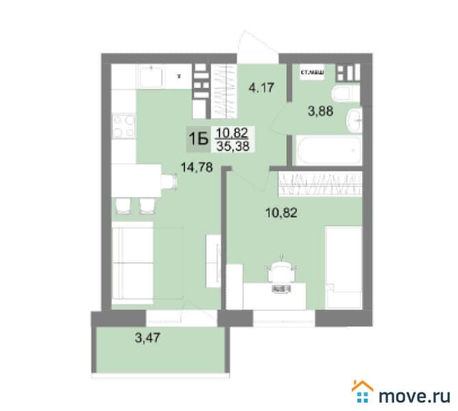 1-комн. квартира, 36 м²