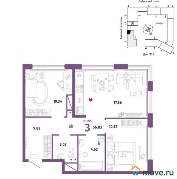 2-комн. квартира, 56 м&sup2;