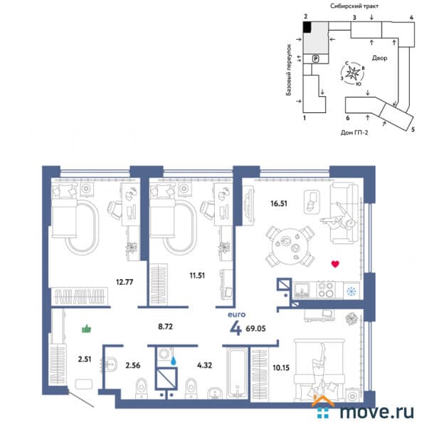 3-комн. квартира, 69 м²