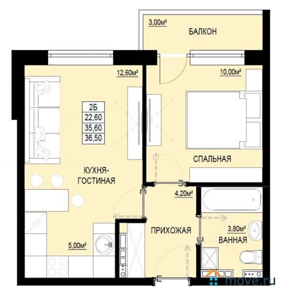 1-комн. квартира, 36.5 м²