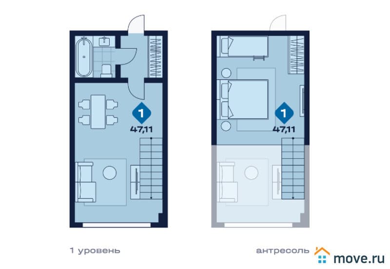 1-комн. апартаменты, 47.1 м²