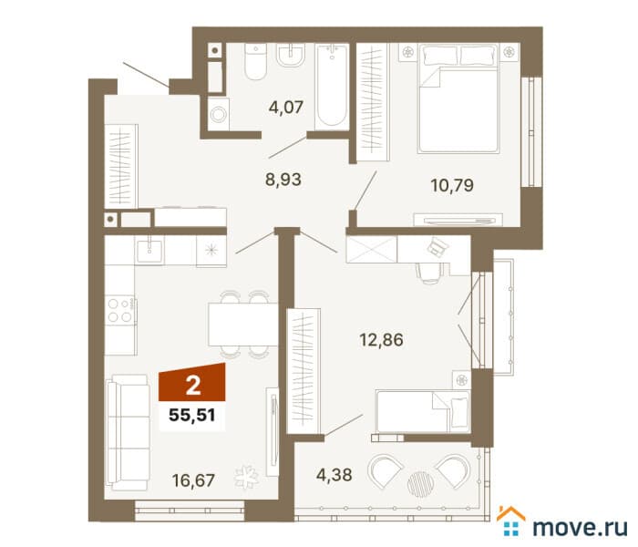 2-комн. квартира, 55.5 м&sup2;