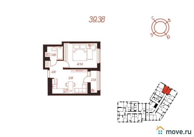 1-комн. квартира, 39.4 м²