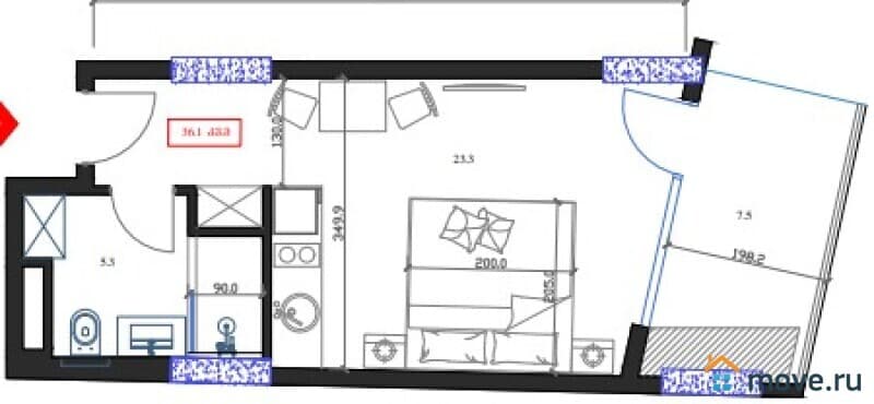 1-комн. апартаменты, 36.1 м²