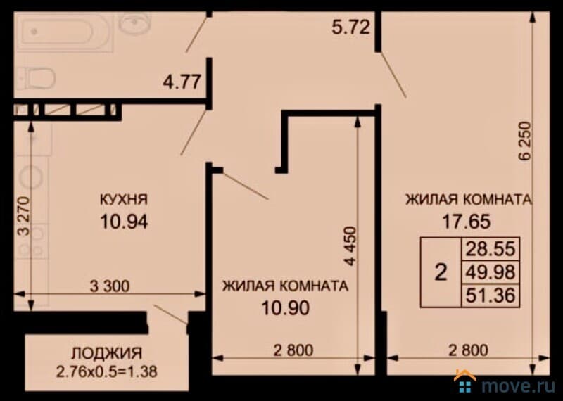 2-комн. квартира, 54 м²