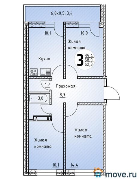 3-комн. квартира, 66 м²