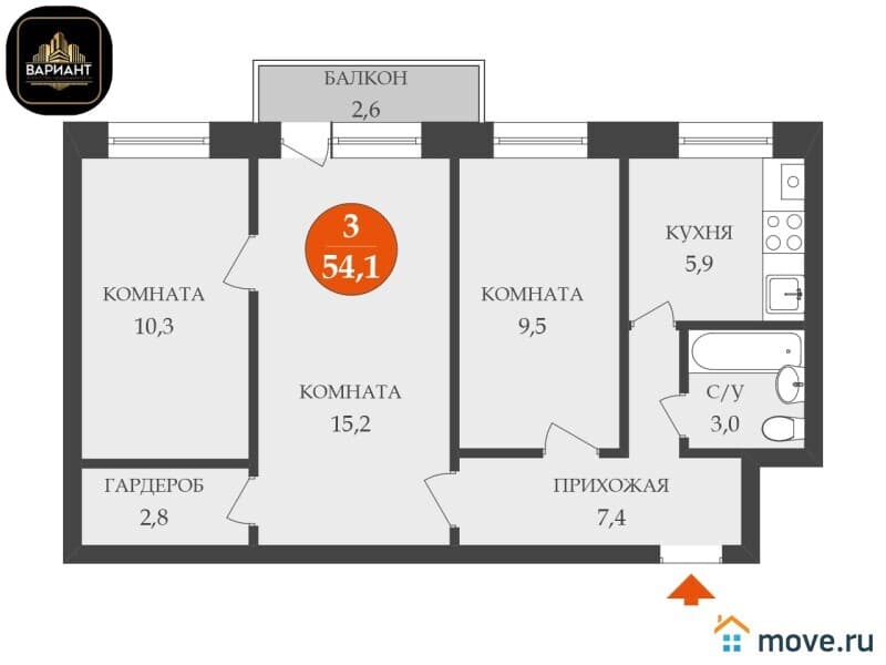3-комн. квартира, 54.1 м²
