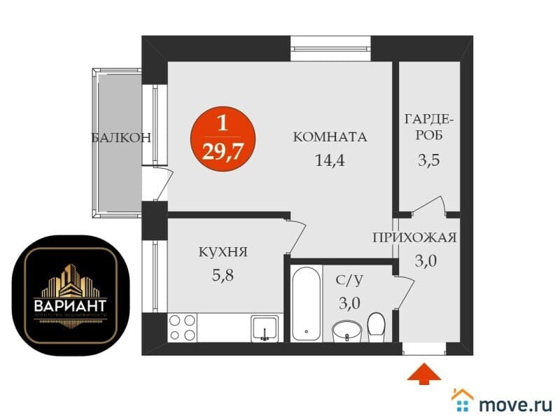 1-комн. квартира, 29.7 м²