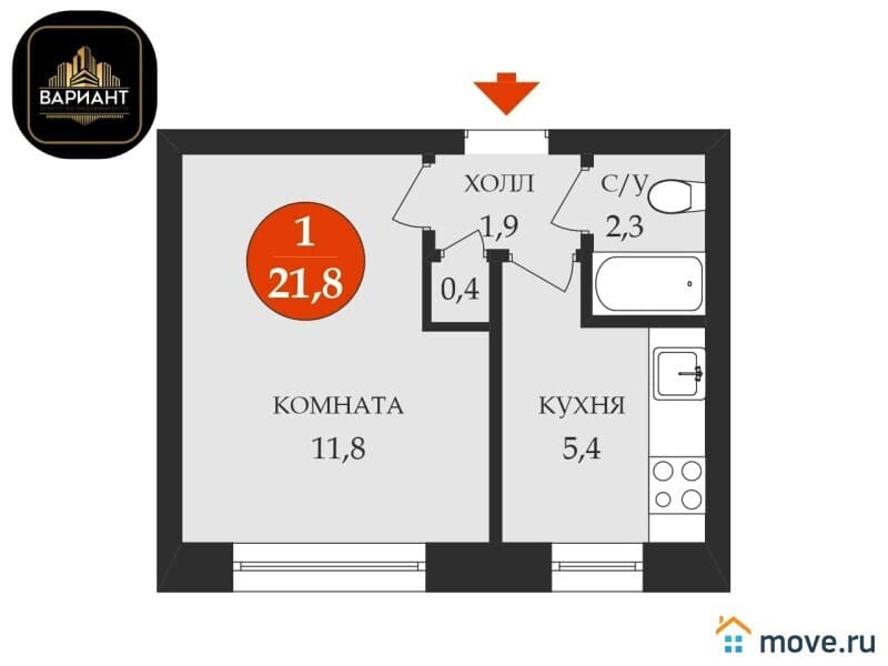 1-комн. квартира, 21.8 м²