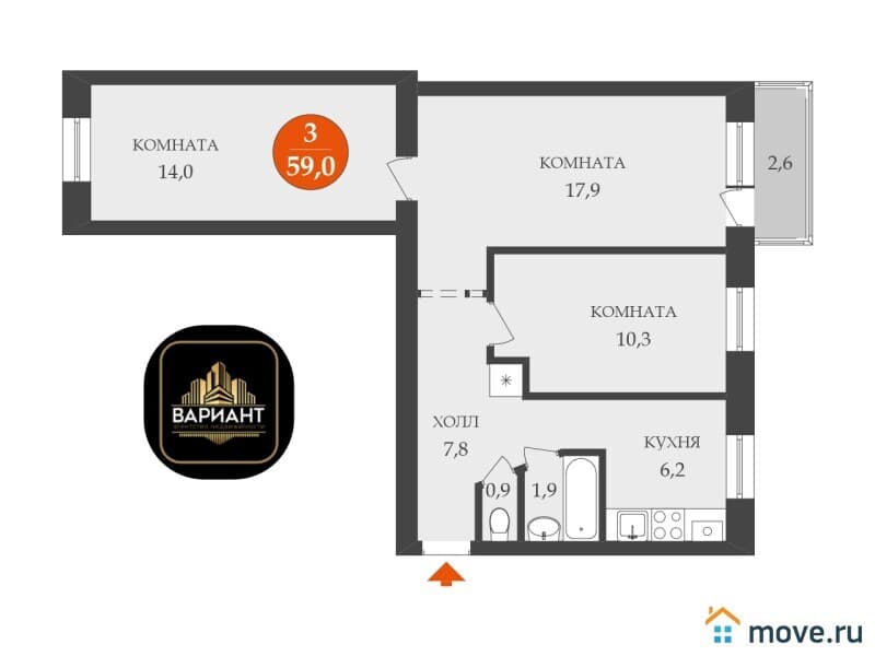 3-комн. квартира, 59 м²